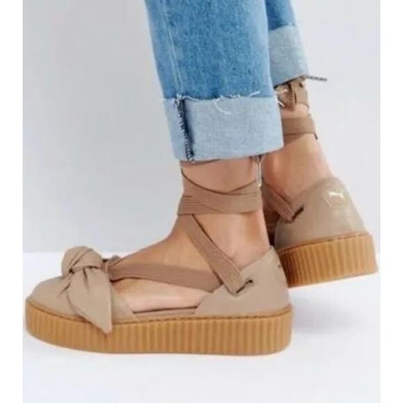 Puma FENTY Rihanna Bow Creeper Sandal Natural Oatmeal Size 8 RARE Lace-Up Flats - Picture 11 of 14